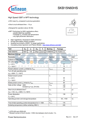 SKB15N60HS datasheet - High Speed IGBT in NPT-technology 30% lower Eoff compared to previous generation