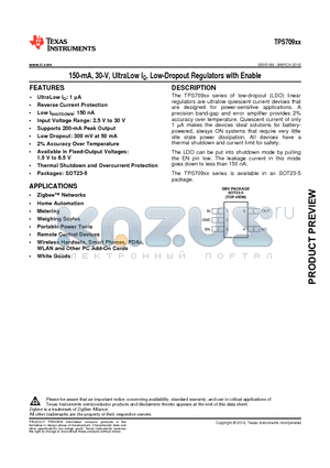 TPS70912 datasheet - 150-mA, 30-V, UltraLow IQ, Low-Dropout Regulators with Enable