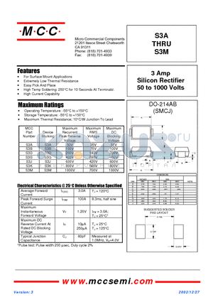 S3A datasheet - 3 Amp Silicon Rectifier 50 to 1000 Volts