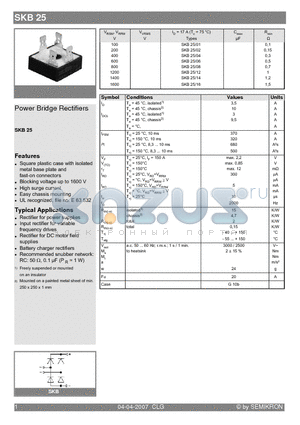 SKB25/16 datasheet - Power Bridge Rectifiers