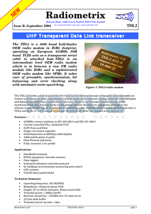 TDL2 datasheet - UHF Transparent Data Link transceiver