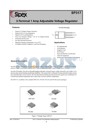 SP317 datasheet - 3-Terminal 1 Amp Adjustable Voltage Regulator