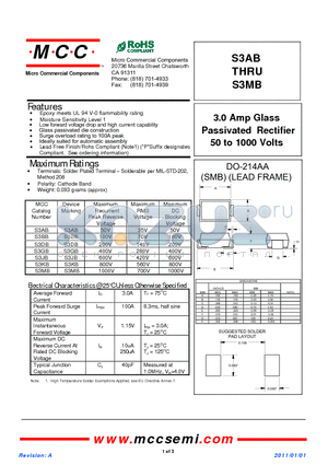 S3AB datasheet - 3.0 Amp Glass Passivated Rectifier 50 to 1000 Volts