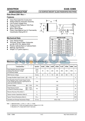 S3AB-DS2561 datasheet - 3.0A SURFACE MOUNT GLASS PASSVATED RECTIFIER