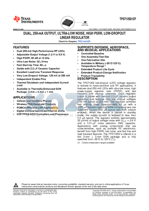 TPS71202-EP datasheet - DUAL, 250-mA OUTPUT, ULTRA-LOW NOISE, HIGH PSRR, LOW-DROPOUT LINEAR REGULATOR