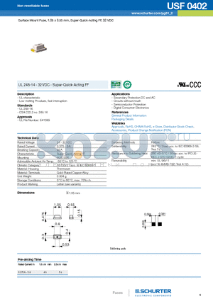 USF datasheet - Surface Mount Fuse, 1.05 x 0.55 mm, Super-Quick-Acting FF, 32 VDC