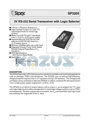 SP3203 datasheet - 3V RS-232 Serial Transceiver with Logic Selector
