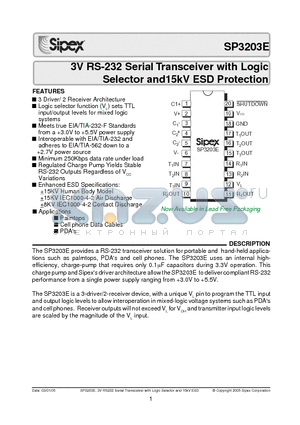 SP3203E datasheet - 3V RS-232 Serial Transceiver with Logic Selector and15kV ESD Protection