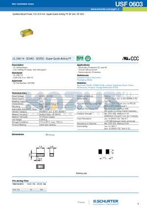 USF0603 datasheet - Surface Mount Fuse, 1.6 x 0.8 mm, Super-Quick-Acting FF, 32 VAC, 32 VDC