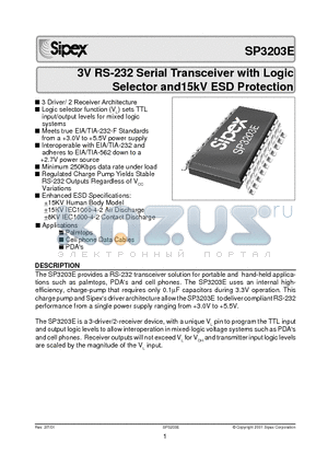SP3203ECY datasheet - 3V RS-232 Serial Transceiver with Logic Selector and15kV ESD Protection