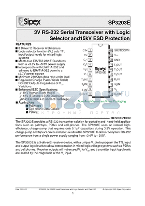 SP3203ECY/TR datasheet - 3V RS-232 Serial Transceiver with Logic Selector and15kV ESD Protection