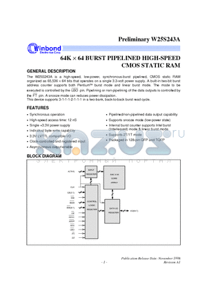 W25S243A datasheet - 64K X 64 BURST PIPELINED HIGH-SPEED CMOS STATIC RAM