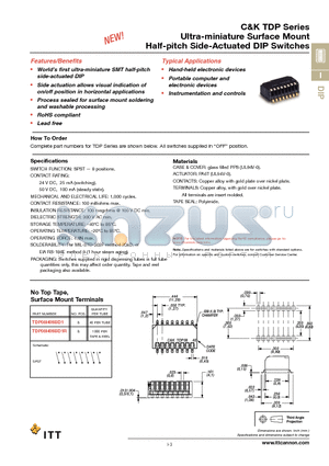 TDP08H0SB1 datasheet - Ultra-miniature Surface Mount Half-pitch Side-Actuated DIP Switches