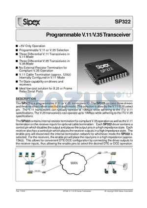 SP322 datasheet - Programmable V.11/V.35 Transceiver
