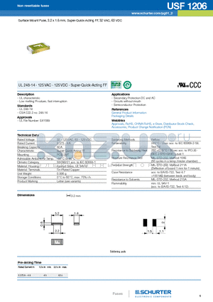 USF1206 datasheet - Surface Mount Fuse, 3.2 x 1.6 mm, Super-Quick-Acting FF, 32 VAC, 63 VDC
