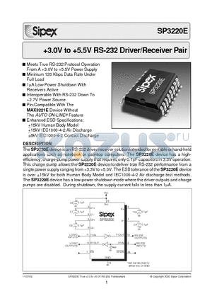 SP3220EET datasheet - 3.0V to 5.5V RS-232 Driver/Receiver Pair