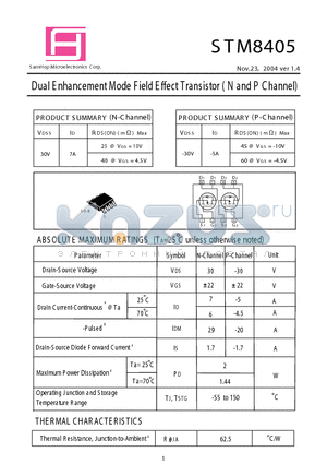 STM8405 datasheet - Dual E nhancement Mode Field E ffect Transistor ( N and P Channel)