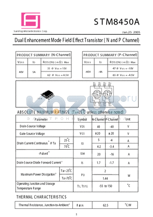 STM8450A datasheet - Dual E nhancement Mode Field Effect Transistor (N and P Channel)