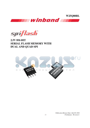 W25Q80BLZPIP datasheet - 2.5V 8M-BIT SERIAL FLASH MEMORY WITH DUAL AND QUAD SPI