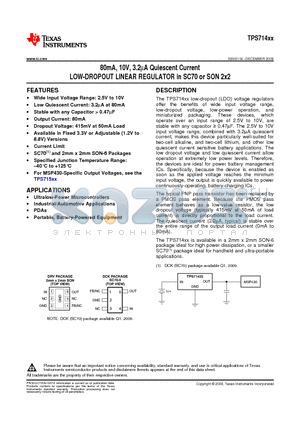 TPS71401 datasheet - 80mA, 10V, 3.2mA Quiescent Current LOW-DROPOUT LINEAR REGULATOR in SC70 or SON 2x2