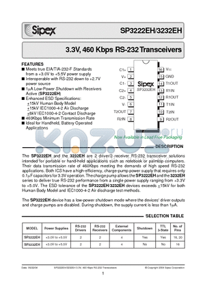 SP3222 datasheet - 3.3V, 460 Kbps RS-232 Transceivers