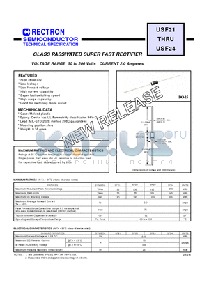 USF21 datasheet - GLASS PASSIVATED SUPER FAST RECTIFIER VOLTAGE RANGE 50 to 200 Volts CURRENT 2.0 Amperes