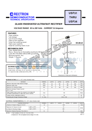 USF32 datasheet - GLASS PASSIVATED ULTRAFAST RECTIFIER VOLTAGE RANGE 50 to 200 Volts CURRENT 3.0 Amperes