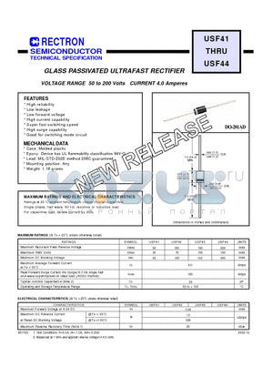 USF41 datasheet - GLASS PASSIVATED ULTRAFAST RECTIFIER VOLTAGE RANGE 50 to 200 Volts CURRENT 4.0 Amperes