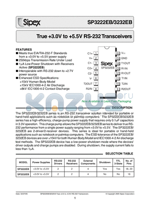 SP3222EBET datasheet - True 3.0V to 5.5V RS-232 Transceivers