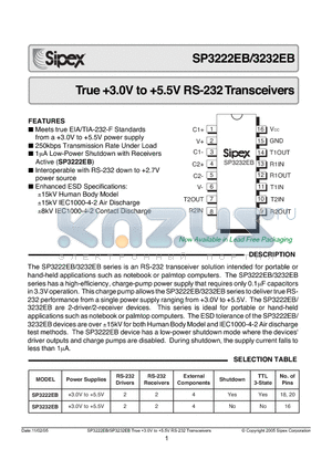 SP3222EBCY/TR datasheet - CorporationTrue 3.0V to 5.5V RS-232 Transceivers