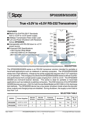 SP3222EBEY/TR datasheet - CorporationTrue 3.0V to 5.5V RS-232 Transceivers