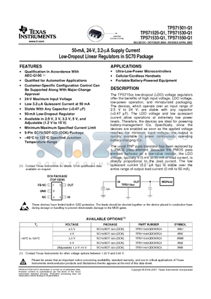 TPS71501QDCKRQ1 datasheet - 50-mA, 24-V, 3.2-mA Supply Current Low-Dropout Linear Regulators