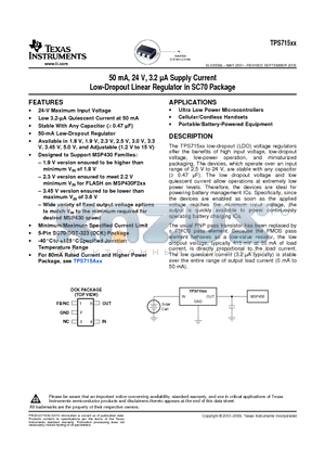 TPS71501DCKRG4 datasheet - 50 mA, 24 V, 3.2 uA Supply Current Low-Dropout Linear Regulator