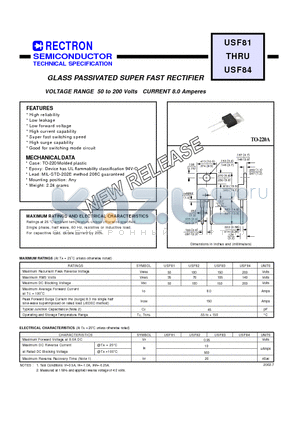 USF81 datasheet - GLASS PASSIVATED SUPER FAST RECTIFIER VOLTAGE RANGE 50 to 200 Volts CURRENT 8.0 Amperes