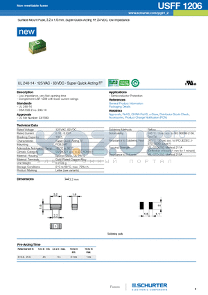 USFF1206 datasheet - Surface Mount Fuse, 3.2 x 1.6 mm, Super-Quick-Acting FF, 24 VDC, low impedance