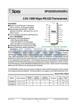 SP3222EUEA datasheet - 3.3V, 1000 Kbps RS-232 Transceivers