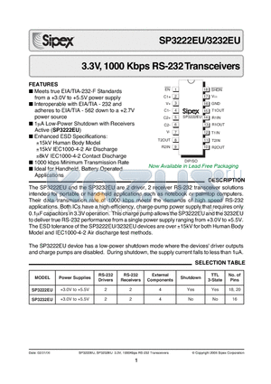 SP3222EUEA/TR datasheet - 3.3V, 1000 Kbps RS-232 Transceivers