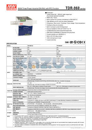 TDR-960 datasheet - 960W Three Phase Industrial DIN RAIL with PFC Function