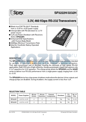 SP3222H datasheet - 3.3V, 460 Kbps RS-232 Transceivers