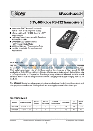 SP3222HCA datasheet - 3.3V, 460 Kbps RS-232 Transceivers