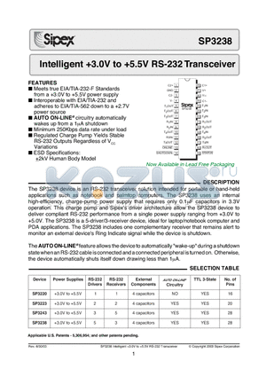 SP3223 datasheet - Intelligent 3.0V to 5.5V RS-232 Transceiver