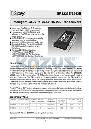 SP3223E datasheet - Intelligent 3.0V to 5.5V RS-232 Transceivers
