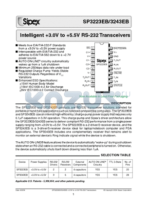 SP3223EBCY/TR datasheet - Intelligent 3.0V to 5.5V RS-232 Transceivers