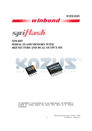 W25X32BV datasheet - 32M-BIT SERIAL FLASH MEMORY WITH 4KB SECTORS AND DUAL OUTPUT SPI