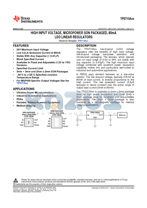 TPS715A33DRBT datasheet - HIGH INPUT VOLTAGE, MICROPOWER SON PACKAGED, 80mA LDO LINEAR REGULATORS