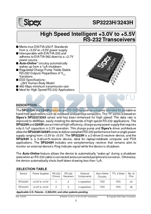 SP3223H datasheet - High Speed Intelligent 3.0V to 5.5V RS-232 Transceivers