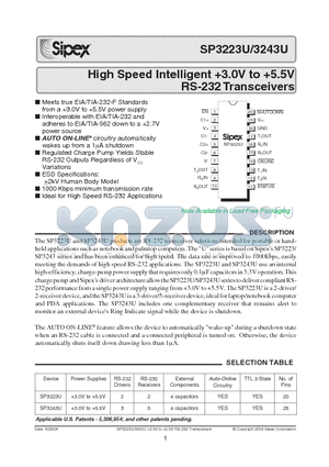 SP3223U datasheet - High Speed Intelligent 3.0V to 5.5V RS-232 Transceivers