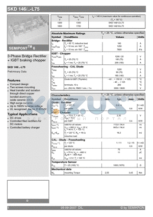 SKD146/12-L75 datasheet - 3-Phase Bridge Rectifier  IGBT braking chopper