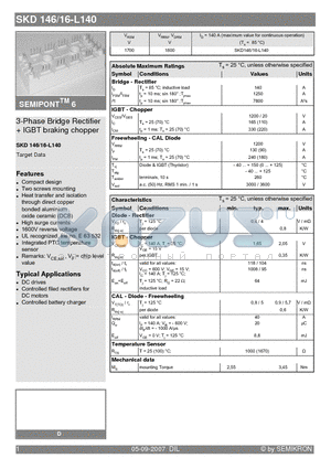 SKD146/16-L140 datasheet - 3-Phase Bridge Rectifier  IGBT braking chopper