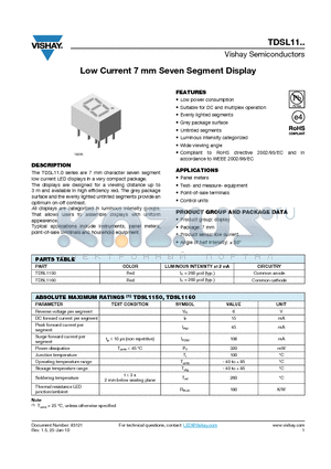 TDSL1150 datasheet - Low Current 7 mm Seven Segment Display